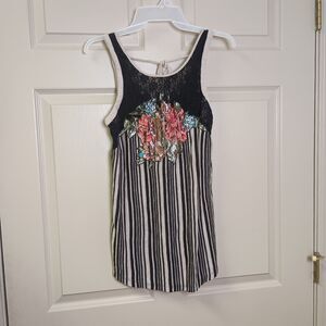 Free People Womens Tank Top Size XS Black striped Lace Floral Tie Back Boho Y2K